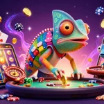 Visitez notre casino en ligne avec un caméléon ludique attrapant des pièces d'or.