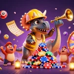Vibrez avec un casino en ligne où un triceratops construit une pyramide de jetons de poker.