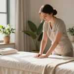 Relaxing in-home massage setup showcasing 종로출장안마 services with a therapist preparing a tranquil environment.