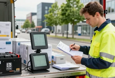 Batterie Transport in Dortmund: Professioneller Fahrer bereitet sich auf den sicheren Transport von Lithium-Batterien vor.