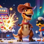 Spin and win big-gamefishing with a lively 3D illustration of a T-Rex, cactus, and road runner among vibrant casino elements.