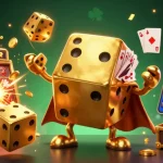 Jouez au casino en ligne avec des dés dorés et une machine à sous explosant de pièces.