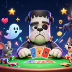 Le bulldog Frankenstein joue aux cartes dans un casino en ligne, entouré de jetons et d’un monde animé.