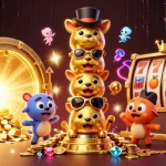 Menggambarkan kerajitu yang menampilkan totem emas kartun dengan motif hewan, mengelilingi gulungan slot emas dan harta karun.