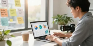 Entrepreneur working on a business plan at https://www.startsomethingpc.com, surrounded by inspirational notes and charts.
