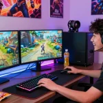 A passionate gamer engaged in raja328 daftar gameplay, showcasing high-performance equipment and immersive environment.