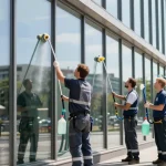 Reinigungsunternehmen Dortmund Reinigungsteam bei der Glasreinigung in Dortmund mit professionellen Utensilien.
