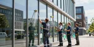 Reinigungsunternehmen Dortmund Reinigungsteam bei der Glasreinigung in Dortmund mit professionellen Utensilien.