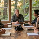 Readers exploring spiritual themes from UFOnauts on https://tallengreenfield.com in a warm, inviting setting.